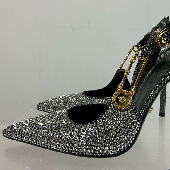 Versace Silver Gold Black Leather Bling Embellished Slingback Pumps 35.5 / US 5 - Picture 4 of 15